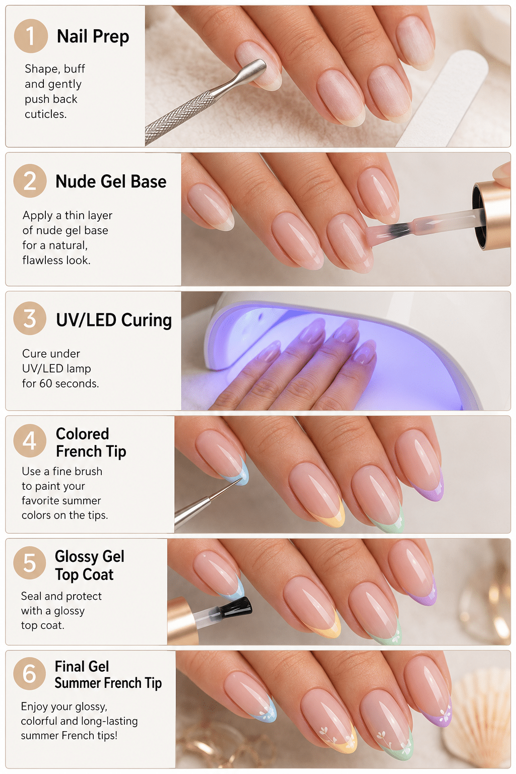 Step by step gel summer French tip nail designs tutorial with UV curing and colored tips