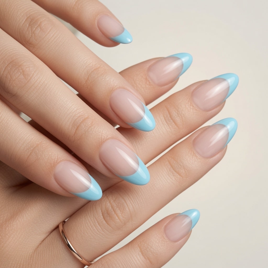 Glossy Blue French Tip Almond Nails with delicate rings and a natural hand pose