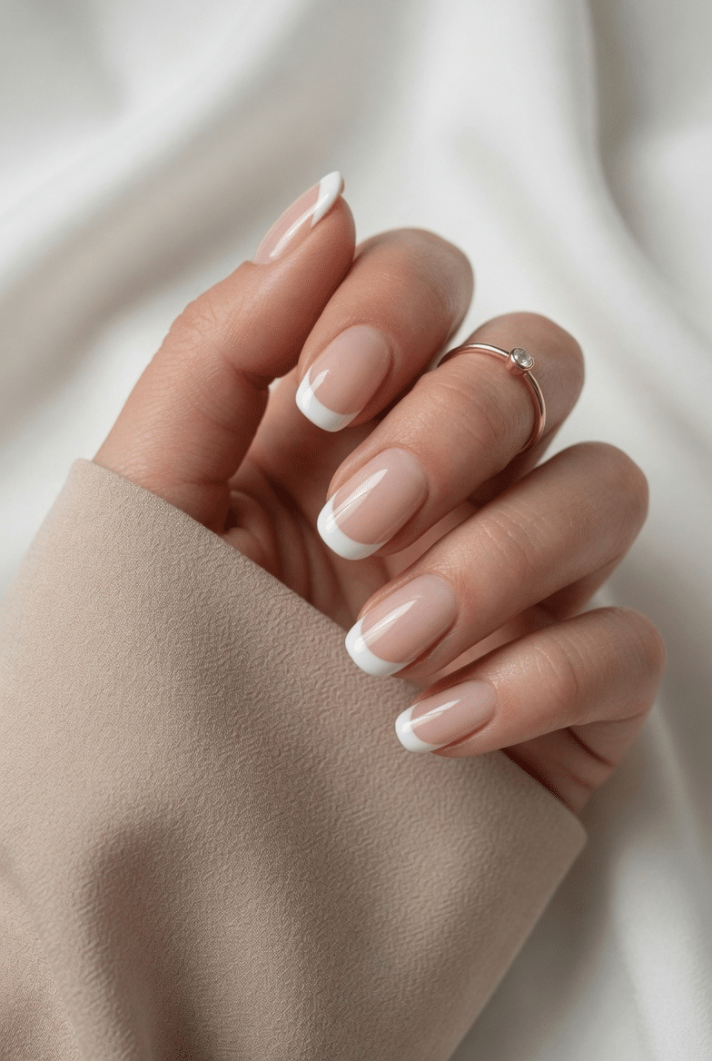 Glossy classic white French manicure with clean nude base