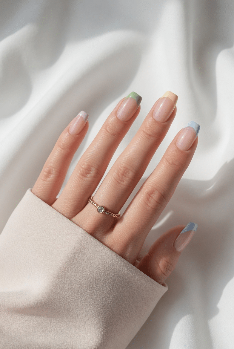 Glossy colored French tip nails with pastel tips and clean nude base