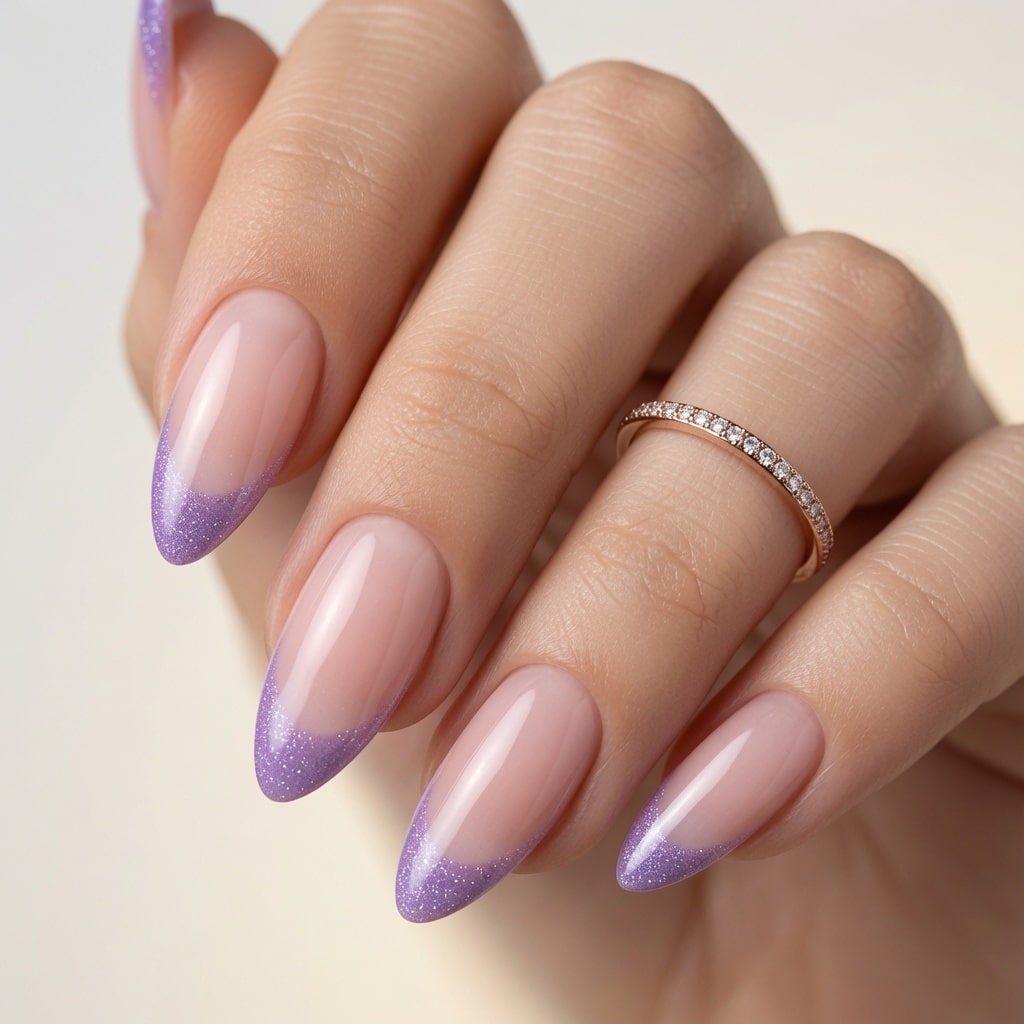 Glossy lavender almond French tip nails with a pastel purple finish
