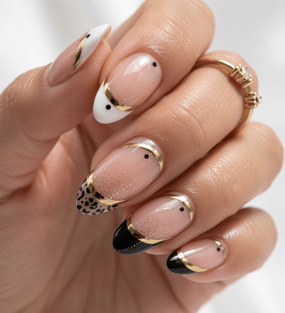 Nude almond nails with black and white French accents, fine gold trim, and small pearl details