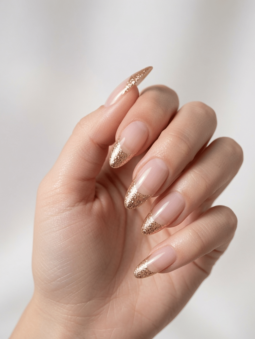 Long nude almond nails with reflective metallic gold French tips