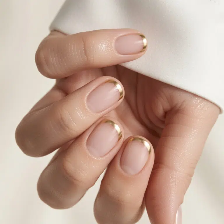 13 Press-On French Nails for a Clean Salon Look 10 Gold French Tip Press On Nails with a thin metallic gold outline on short nude oval nails
