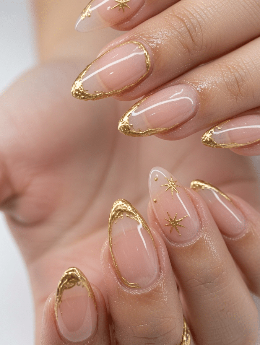 Nude almond nails with sculpted double gold French outlines and curved accent lines