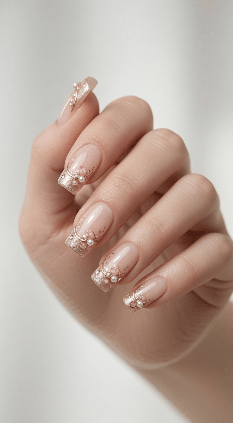 Soft nude almond nails with pearly white French tips and a subtle champagne-gold edge