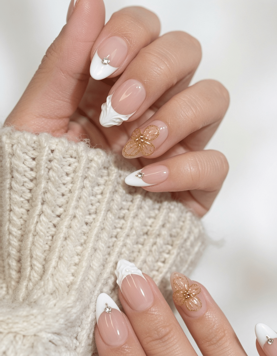 Nude nails with white French tips and gold foil accent details