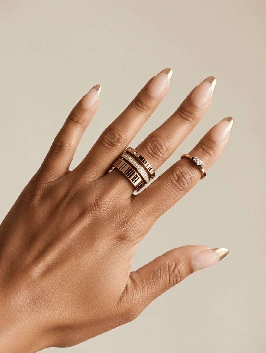Long almond nude nails with white French tips and a slim metallic gold outline