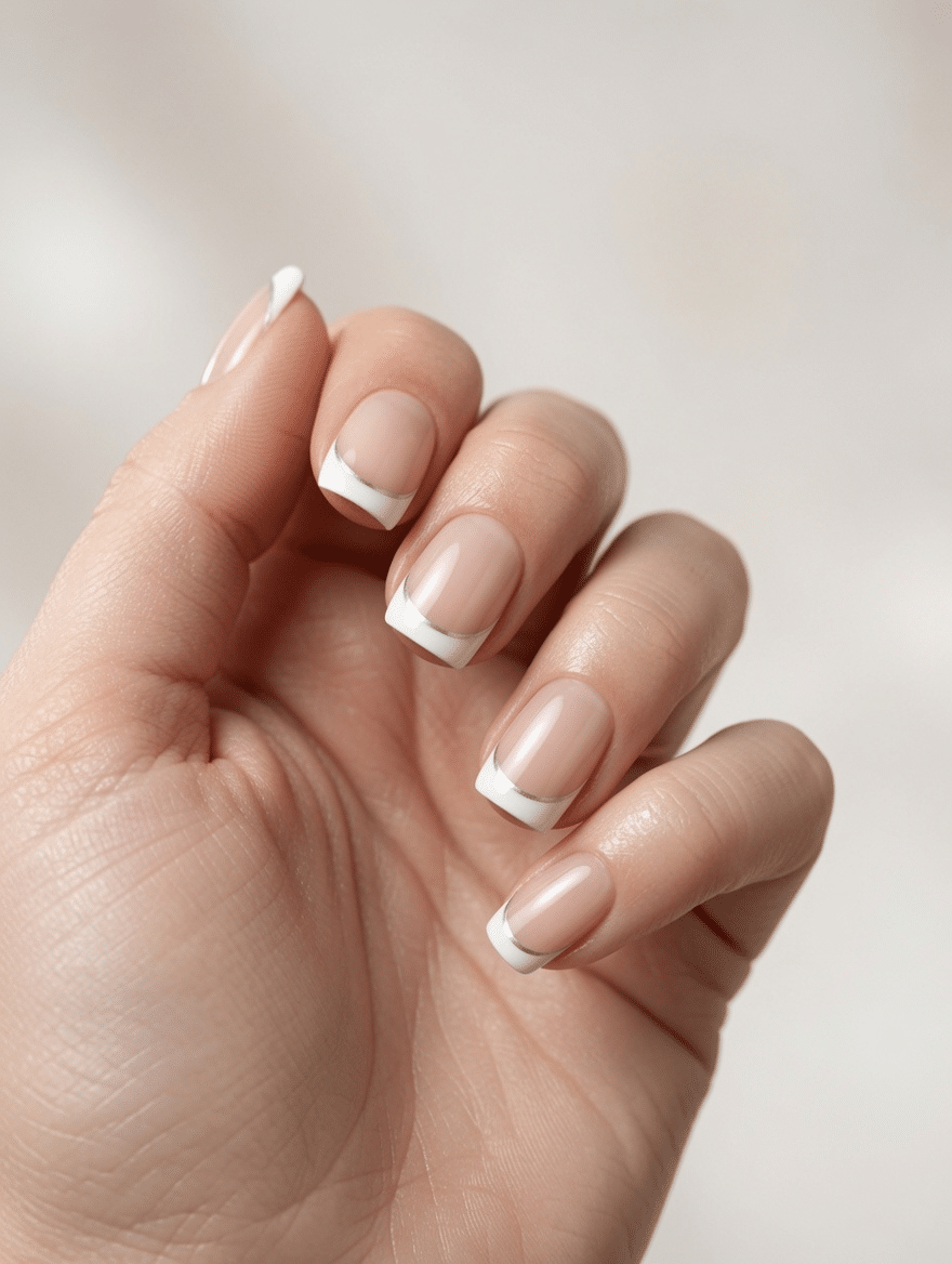 Short nude nails with crisp white micro French tips and a glossy finish