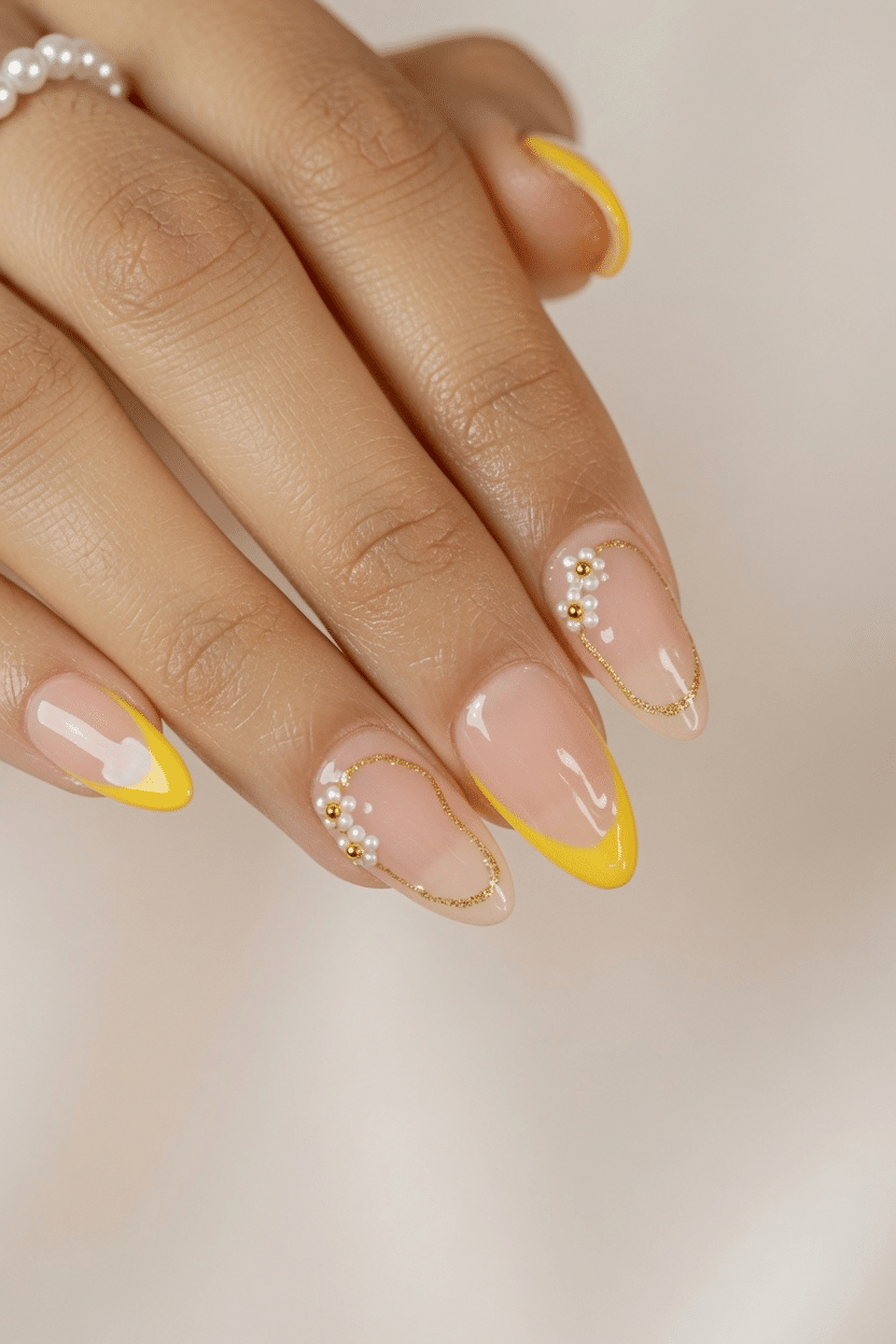 Nude almond nails with sunny yellow French tips and fine gold accent details