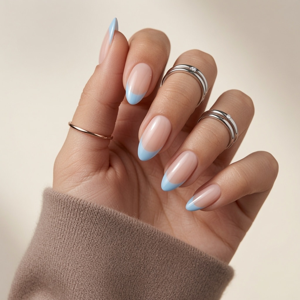 Light blue almond French tip nails with a sheer nude base and glossy finish