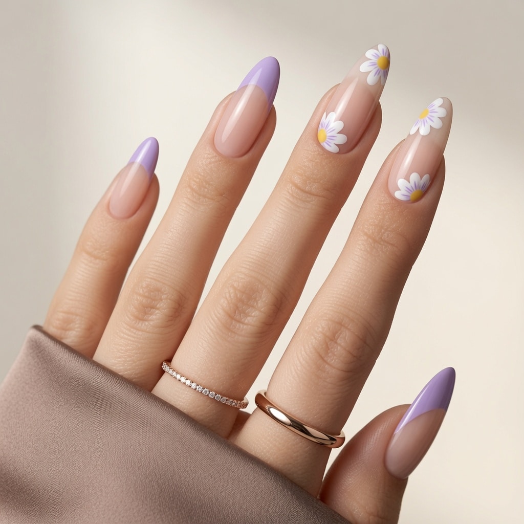 Light purple almond French tip nails with floral accents and a soft nude base