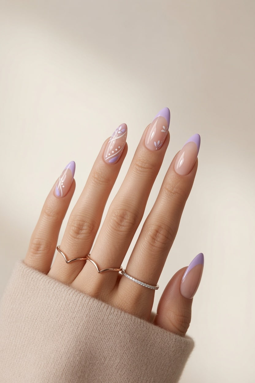 Lilac almond French tip nails with a soft glossy finish