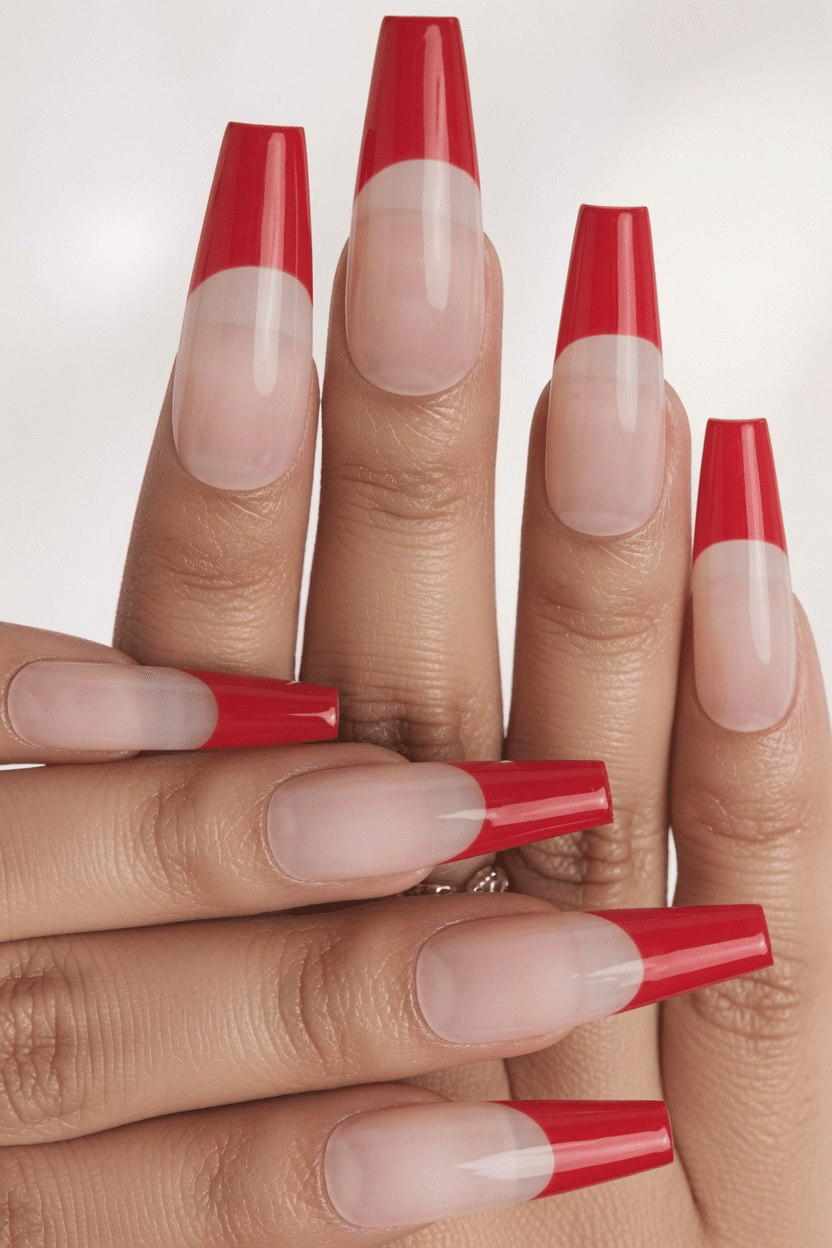 Long square press-on nails with deep red French tips.