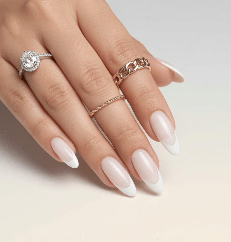 Milky white almond French tip nails with a soft creamy base and crisp white tips