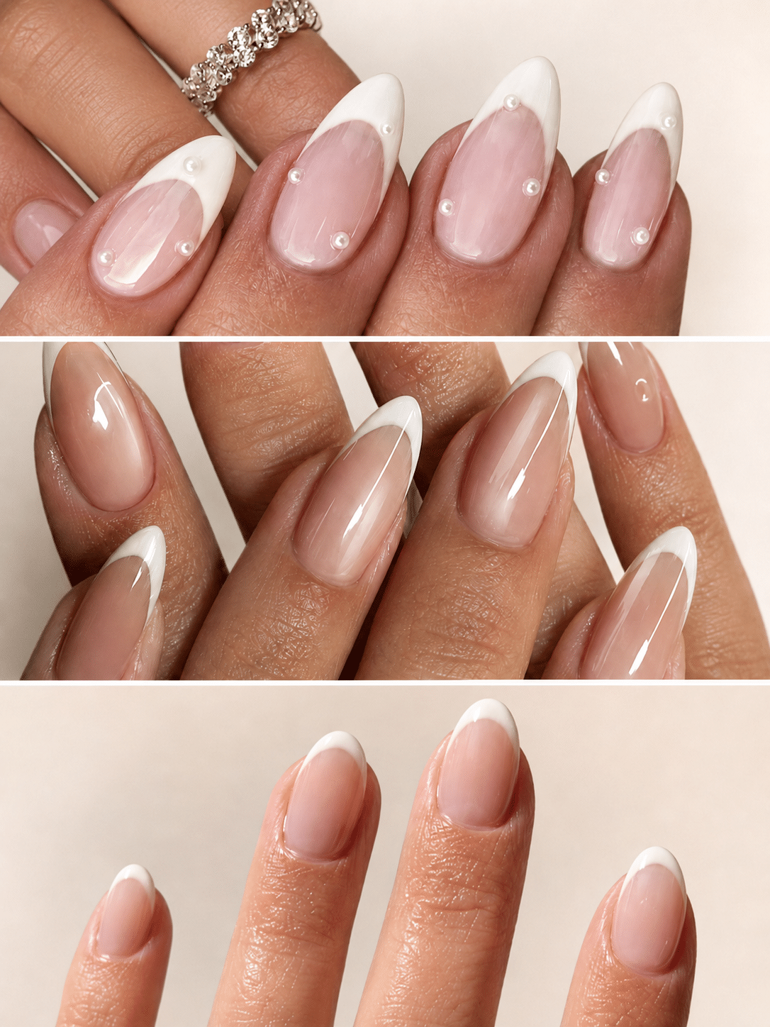 Milky white almond French tip nails with a clean glossy finish