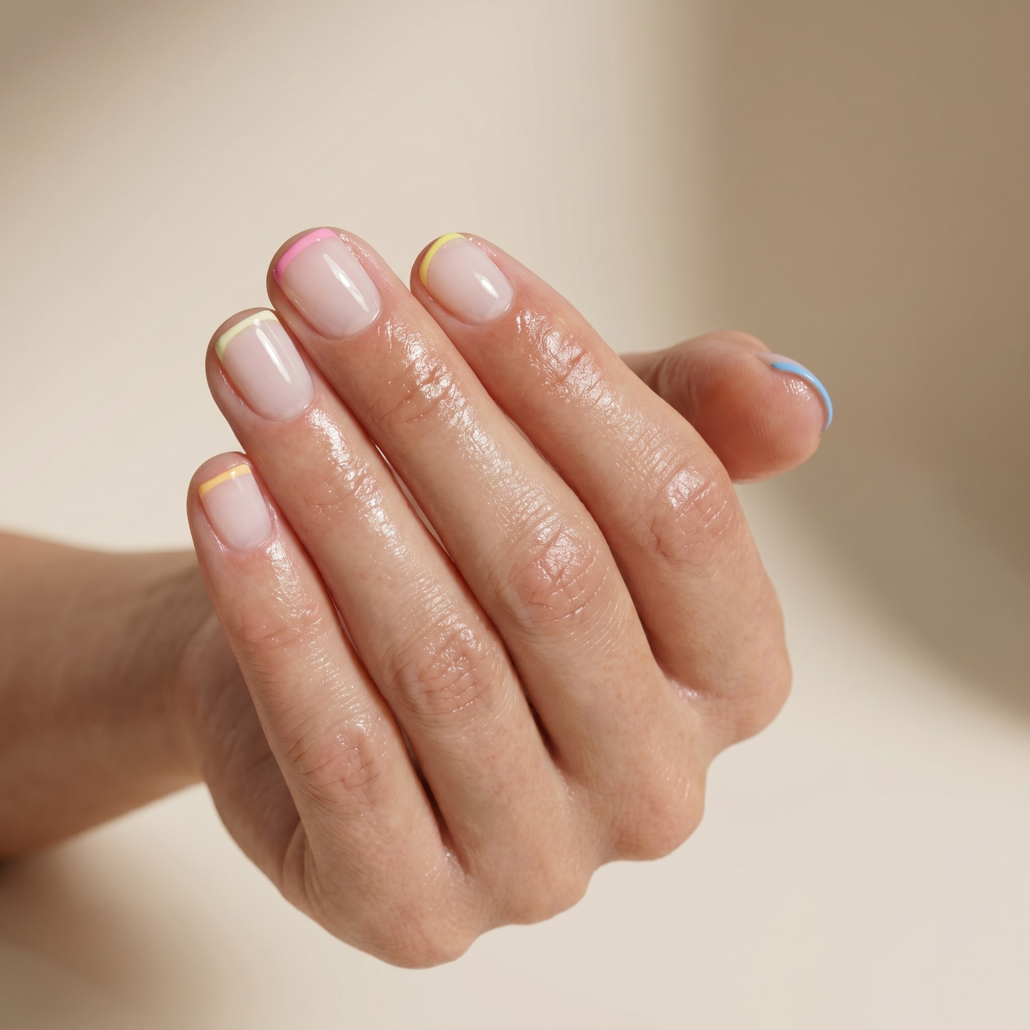Neon French tips on short nails with a sheer nude base