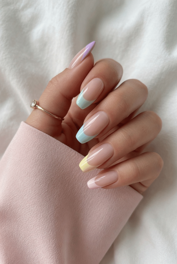 Pastel colored French tip nails with a sheer nude base and soft glossy finish