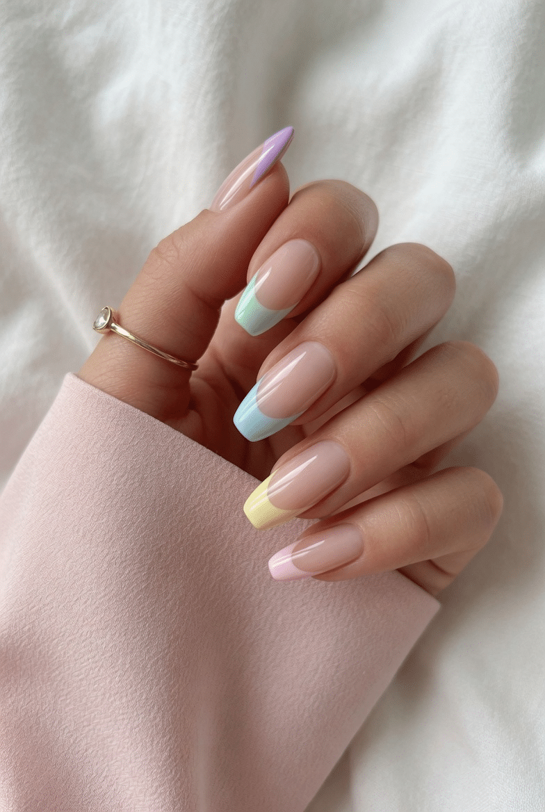 Pastel colored French tip nails with a sheer nude base and soft glossy finish