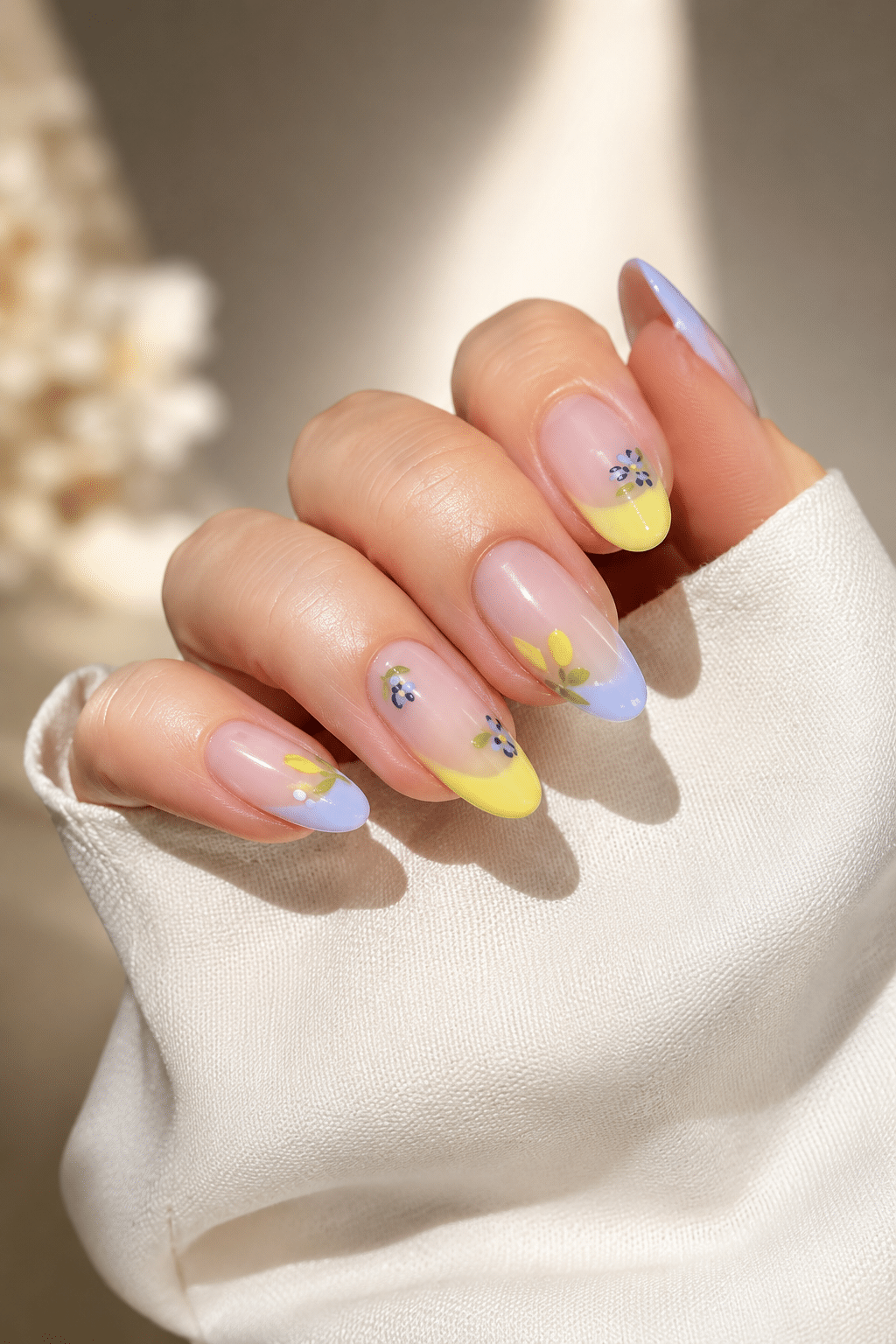 Pastel gel summer French tips with yellow lavender and soft blue accents