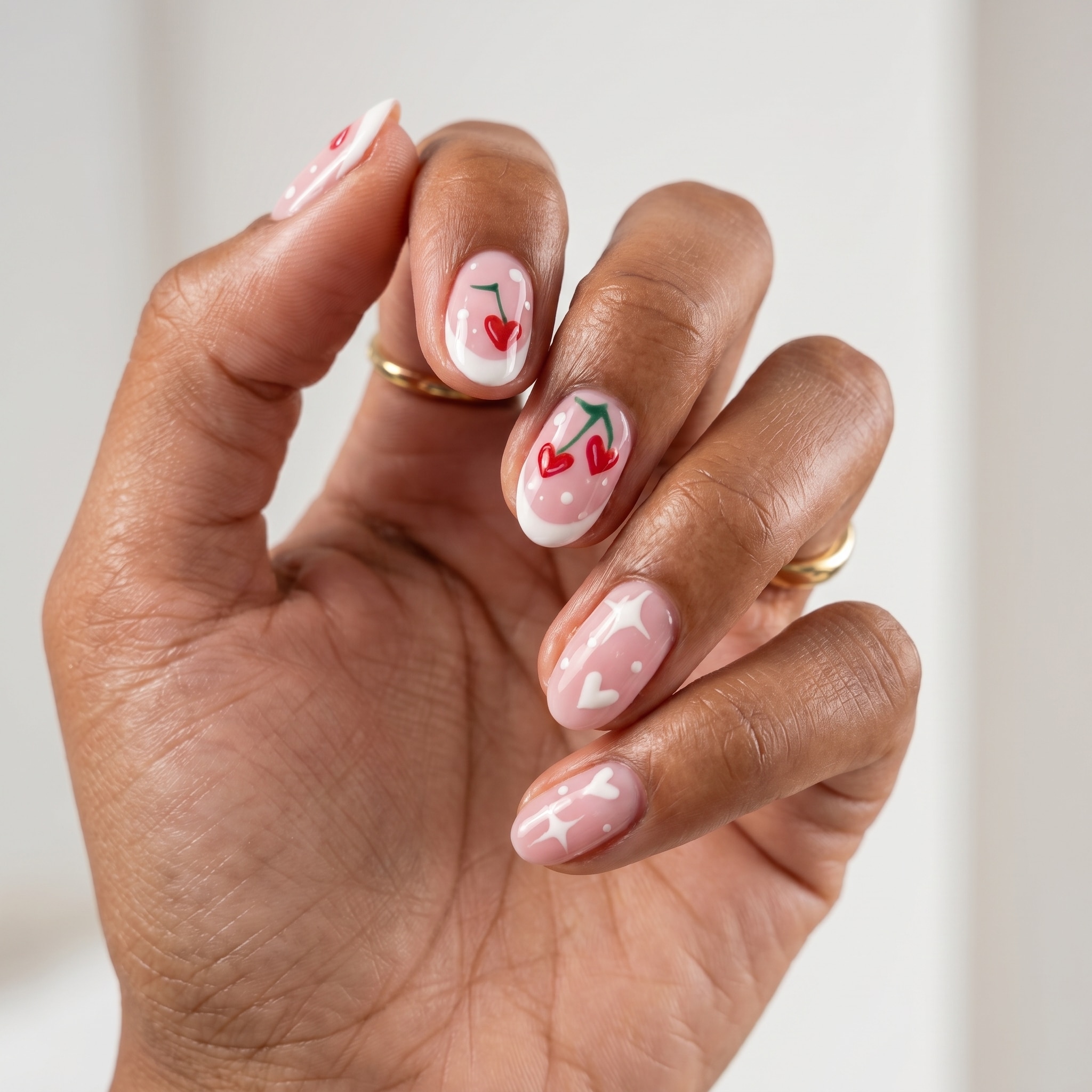 Pastel French tips on short nails with a soft nude glossy base