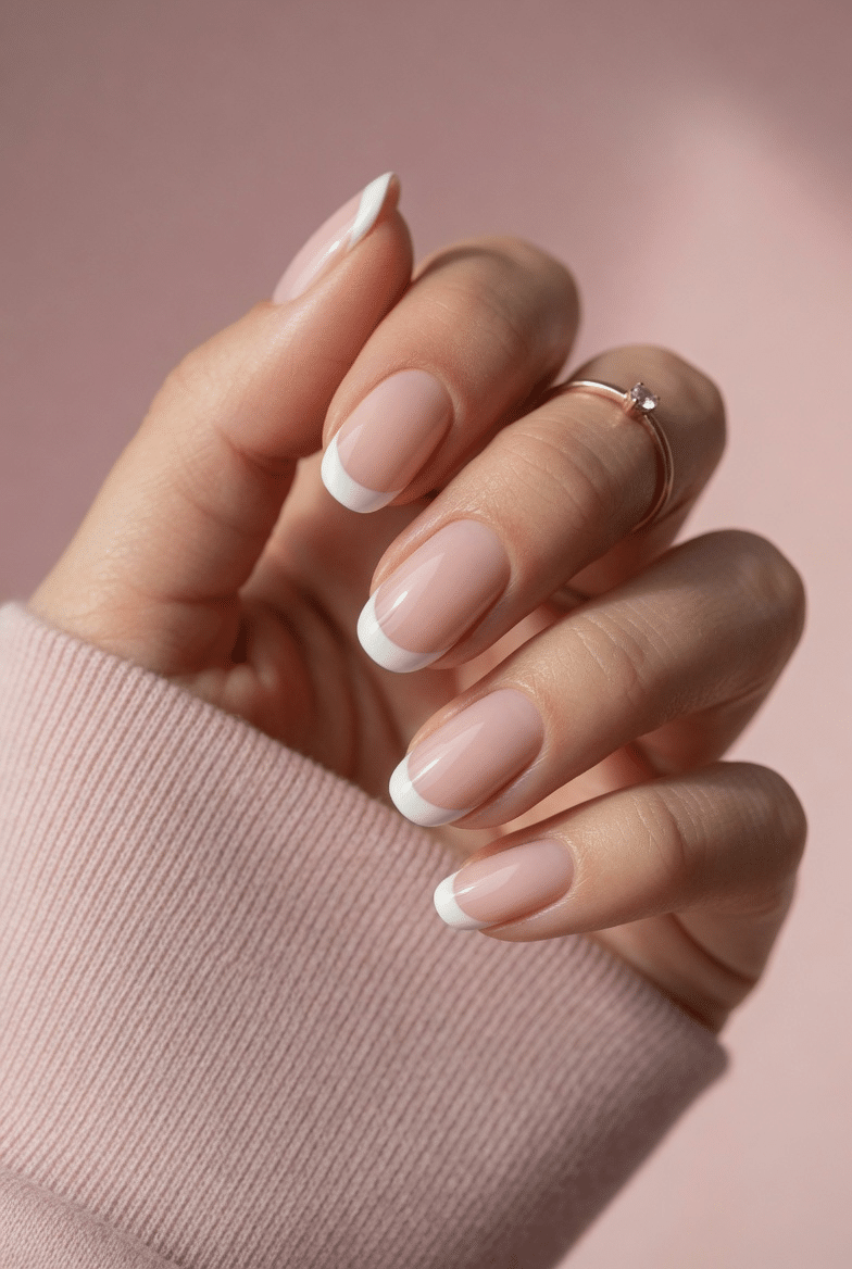 Pink and white French manicure with a soft nude base and glossy finish