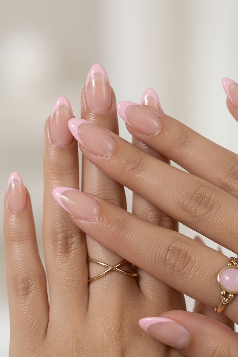 A box of pink French tip press-on nails.