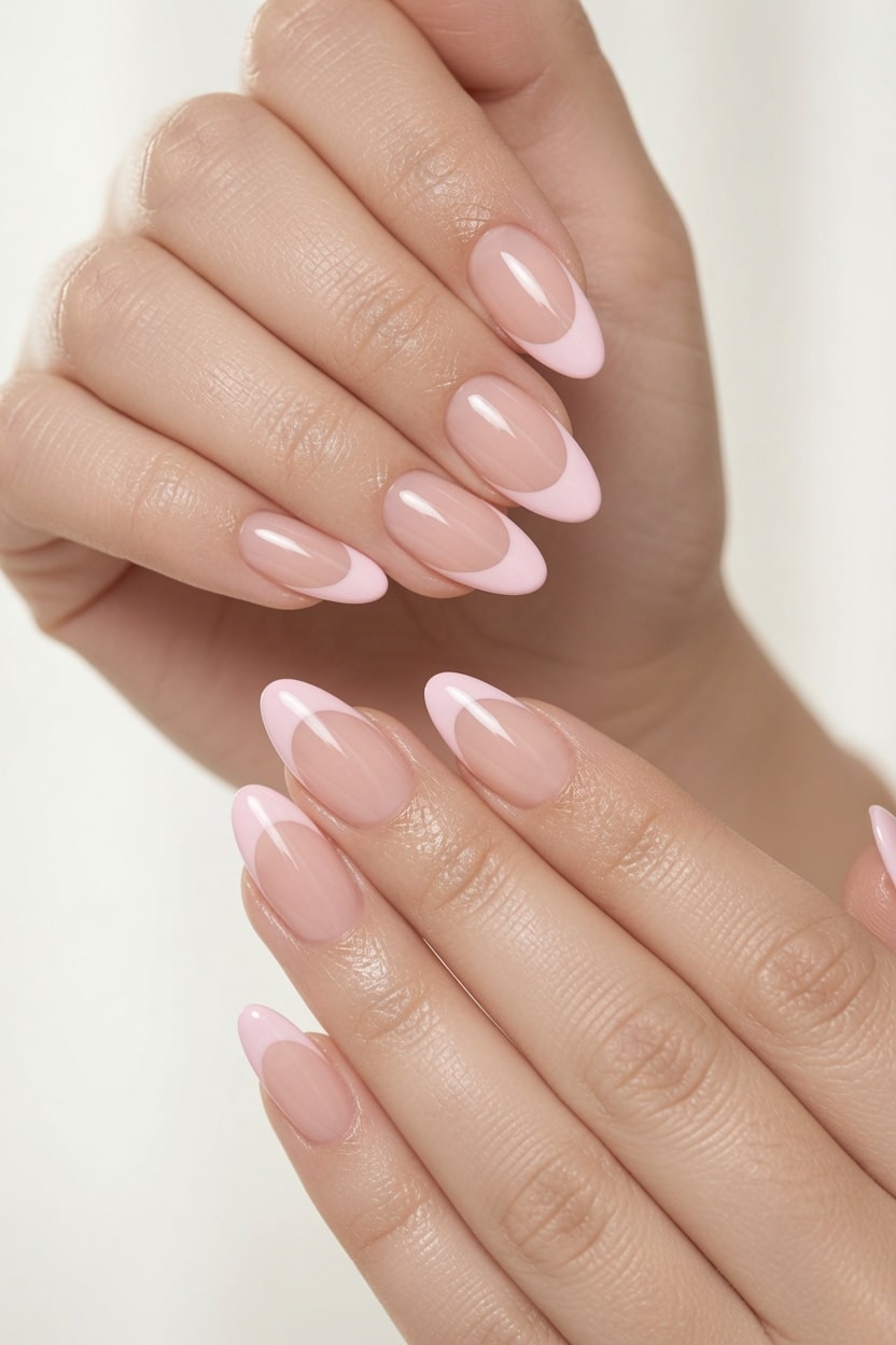 A set of pink French tip press-on nails arranged on a white background.