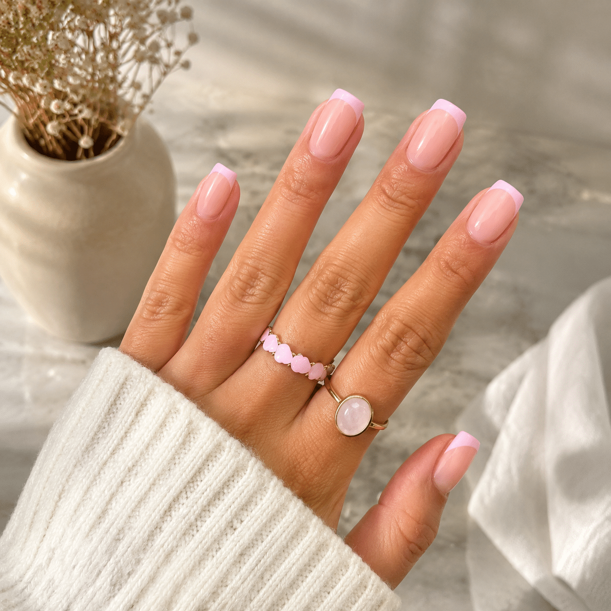 Soft almond nails with light pink French tips and a clean nude base