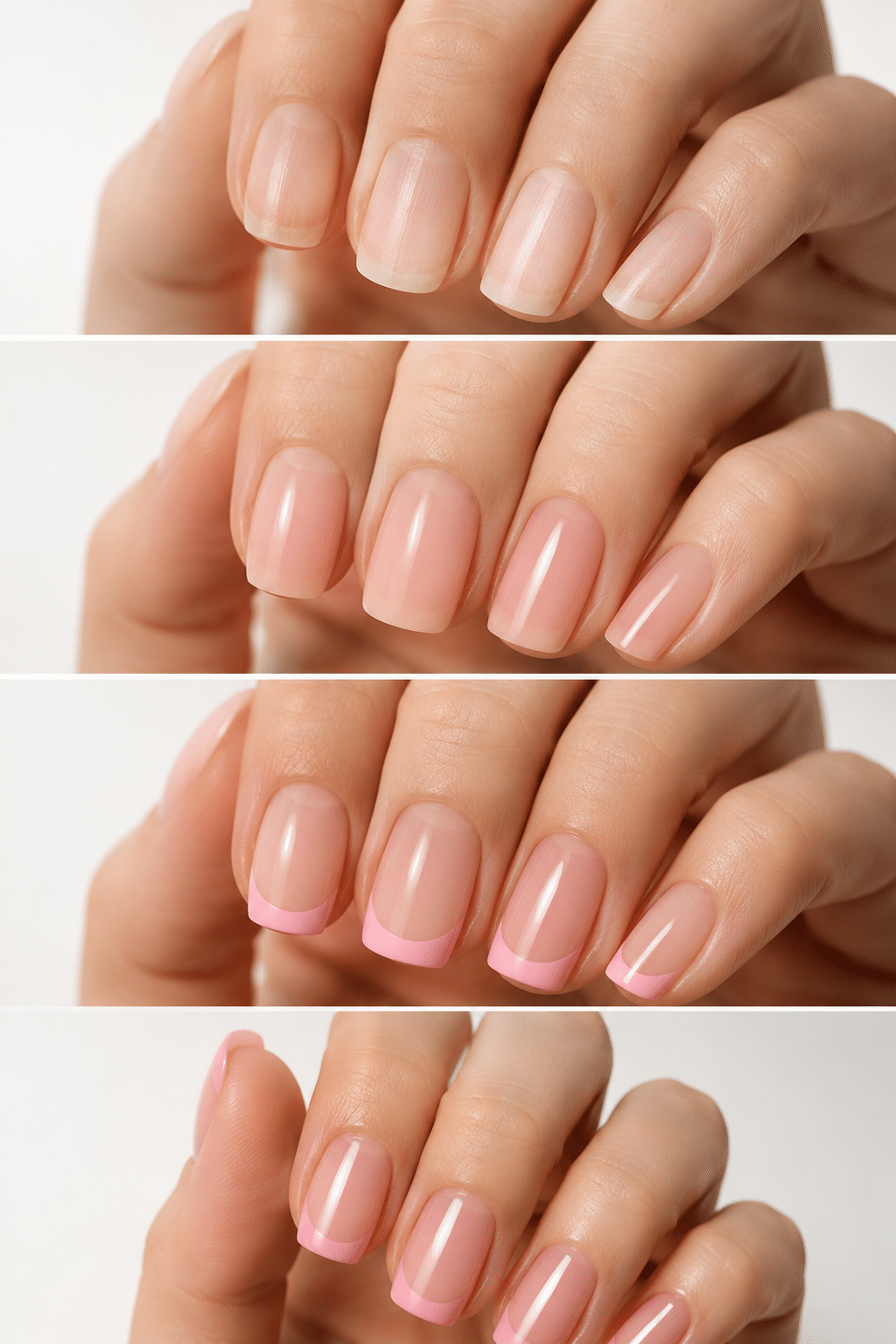 Step by step pink French manicure tutorial with base, tip, cleanup, and glossy final result