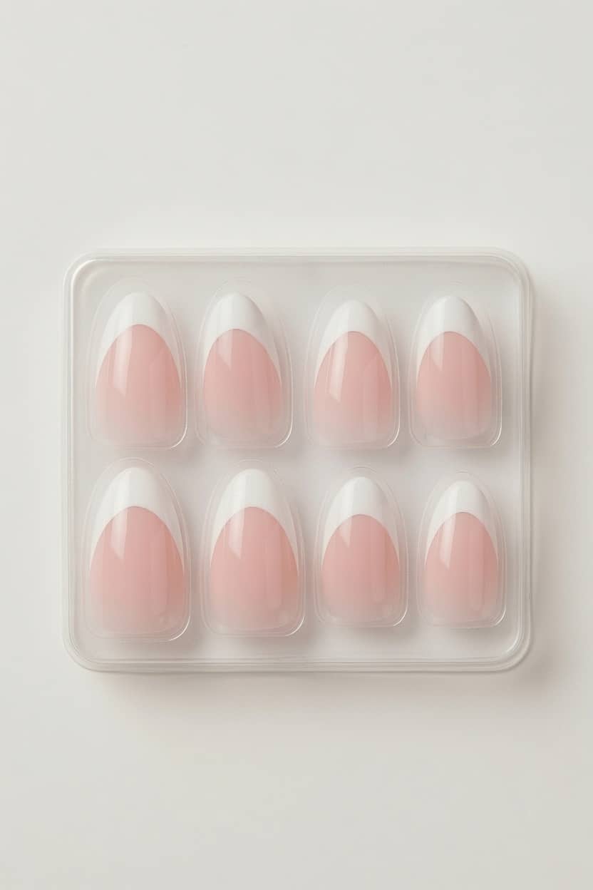 Elegant hand wearing pink French tip press on nails resting on a white sleeve.