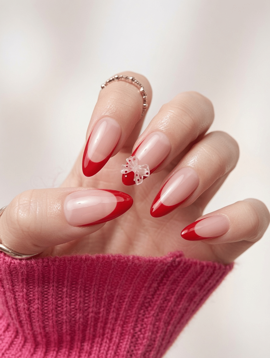 Hand in a pink sweater showing almond red French tip press on nails.