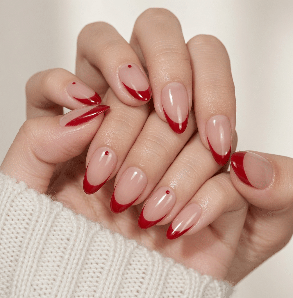 Almond press-on nails with red French tips and abstract line accents.