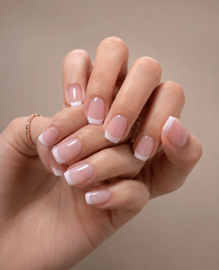 Short French tip nails with a sheer pink base and thin white tips on natural short nails