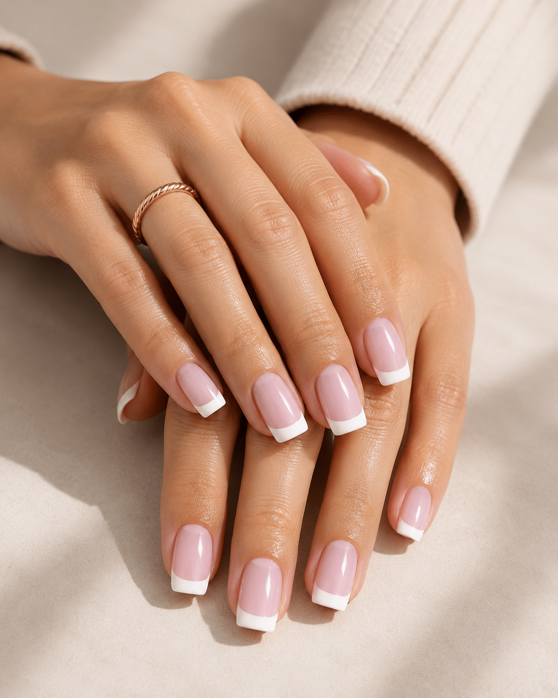 Short French tip nails on a natural hand pose with sheer nude polish and thin white tips