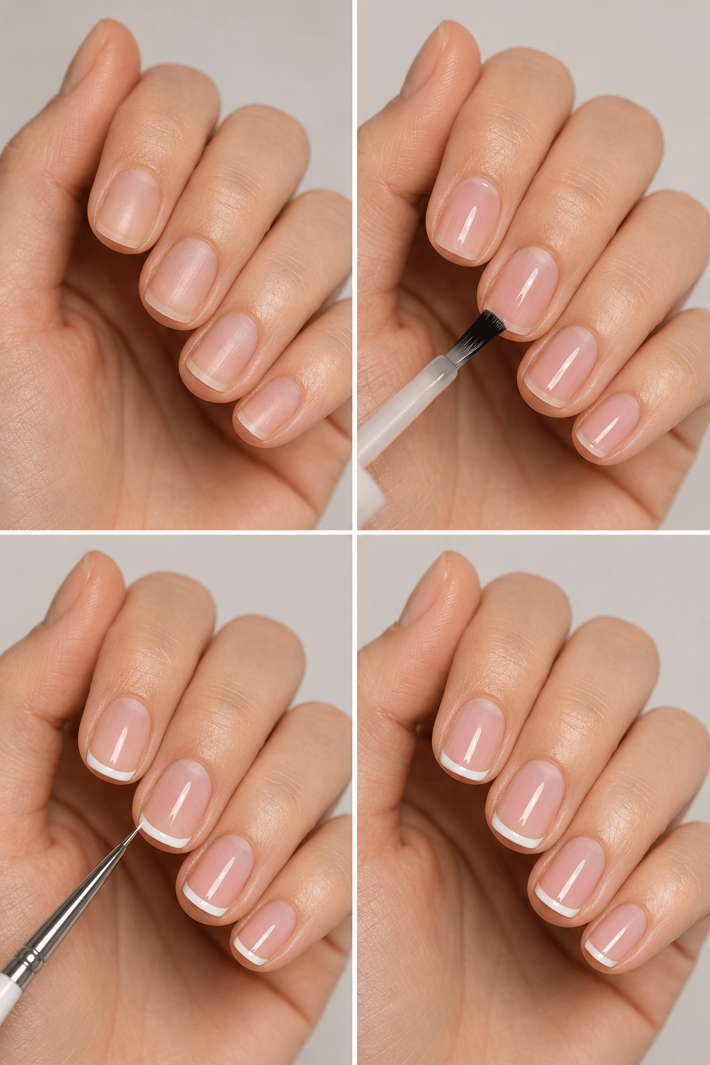 Step-by-step short French tip nails tutorial with prep sheer pink base thin white tips and glossy final result