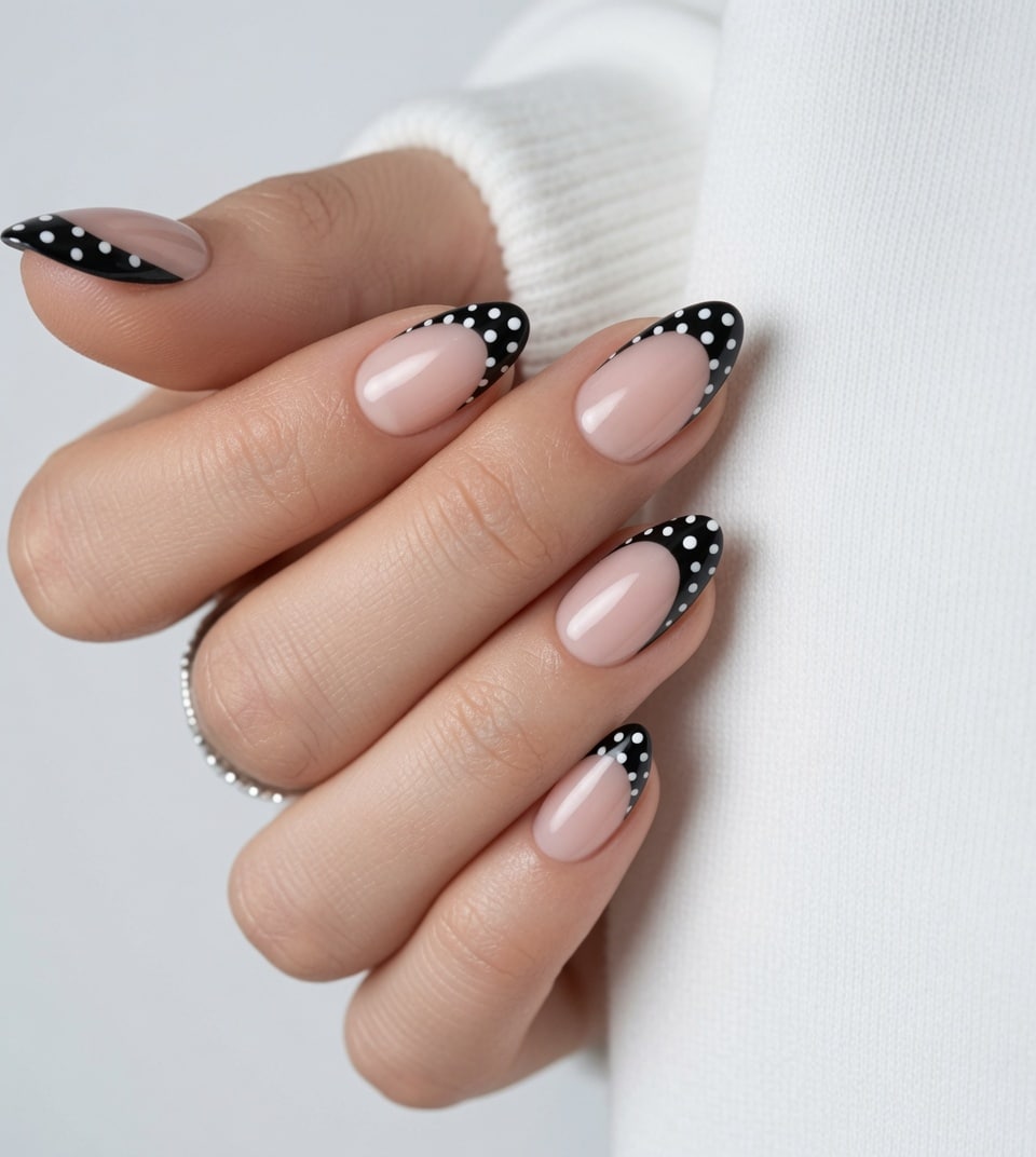 Short nude nails with thin black French tips and small black accent details.