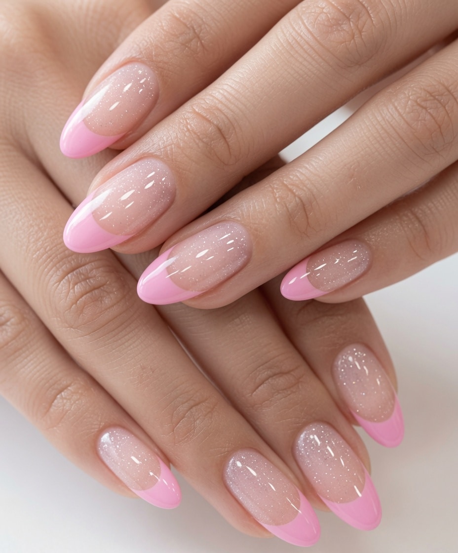 Short nude nails with black glitter French tips.
