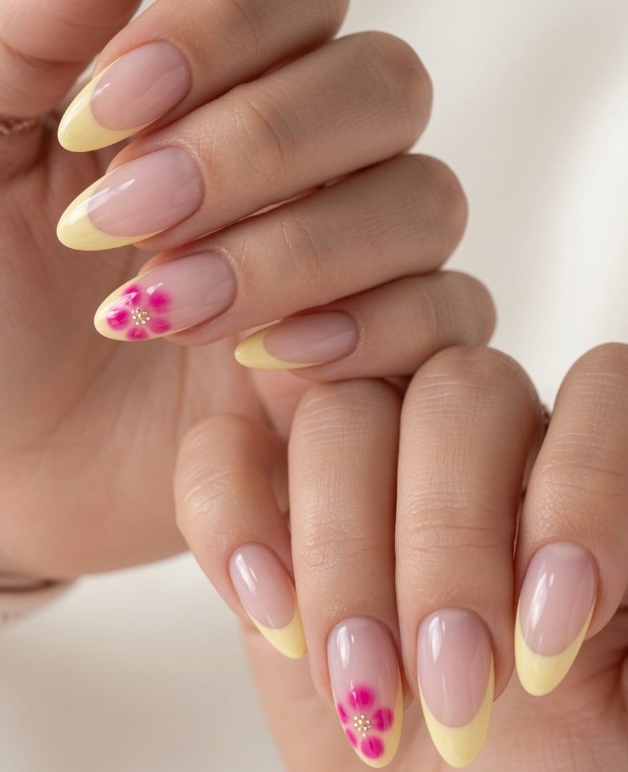 Short nude nails with pale blue French tips and blue polka dot accent nails.