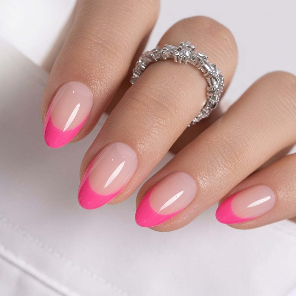 Short nude nails with bright pink French tips.
