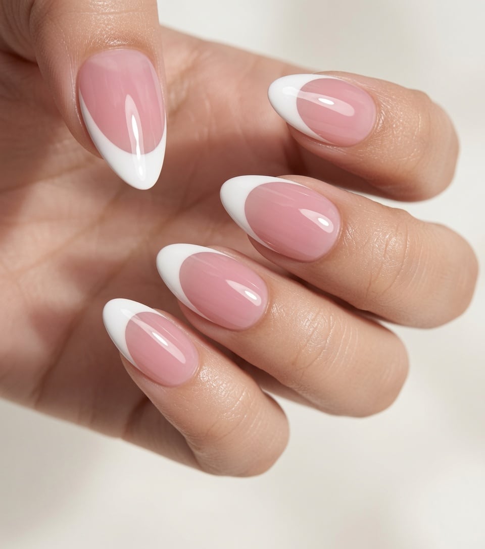 Short pink nude nails with a clean white French tip.