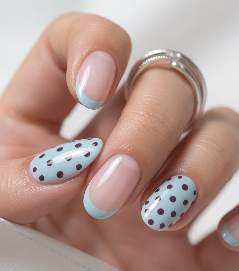 Short nude square press-on nails with glossy white French tips arranged on a neutral background.