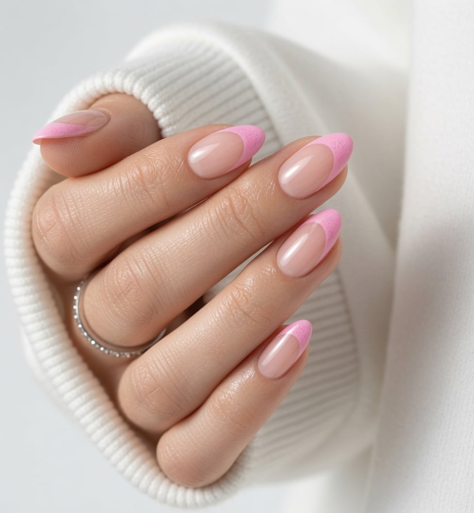 Short nude nails with bright pink and yellow French tips.