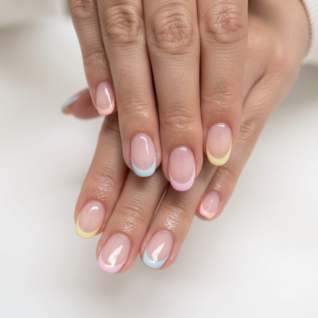 Short pale pink nails with slim white French tips on both hands.