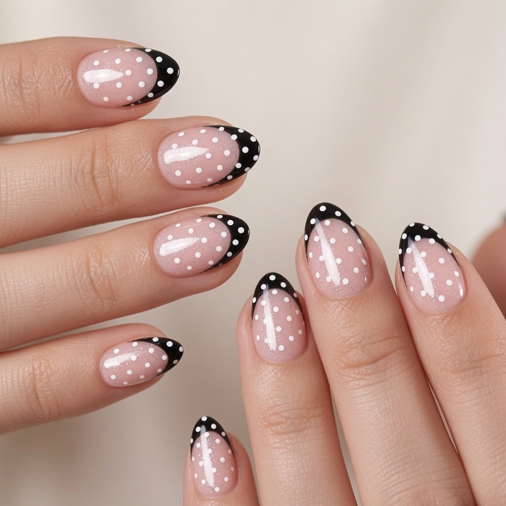 Short nude nails with subtle white French tip edges.