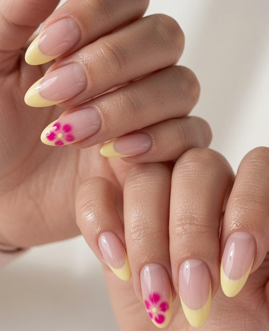 Short nude nails with pink and yellow French tip accents.