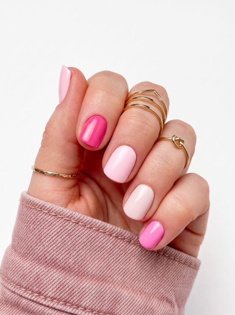 Glossy blush pink short nails with a clean salon-style finish