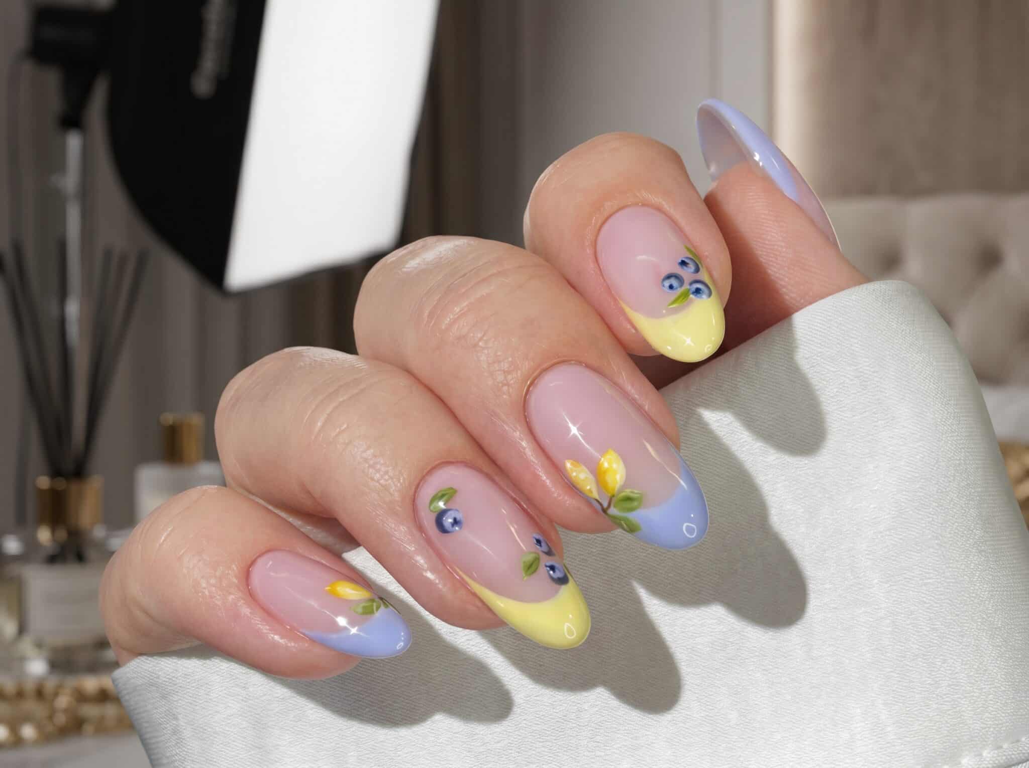 Short square French tip nails with crisp colored summer edges