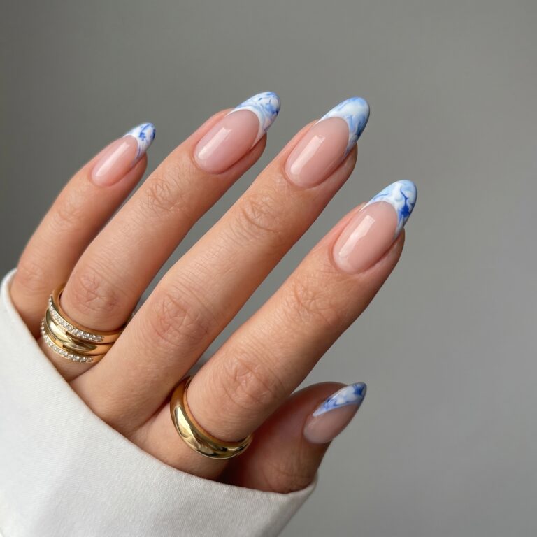Short Summer French Tip Nails with a glossy nude base and thin pastel tips