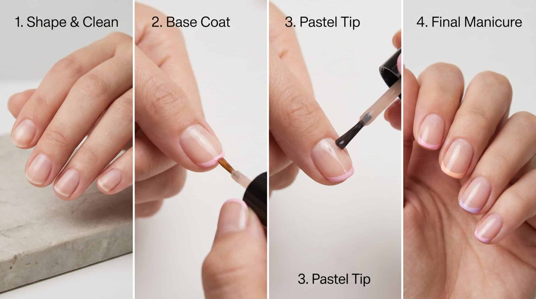 Step by step short summer French tip nails tutorial with sheer base and thin colored tips